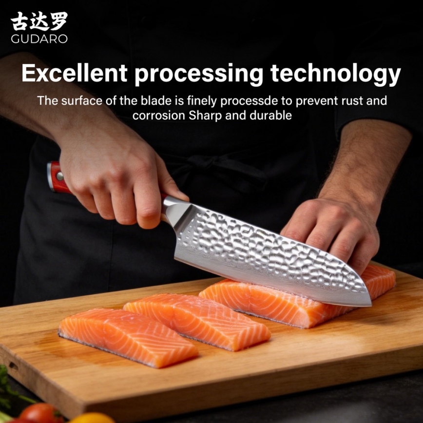 Gudaro - Damaskiteräinen Santoku-keittiöveitsi MIYABI 7, 67-kerroksinen teräs, pituus 17,5 cm