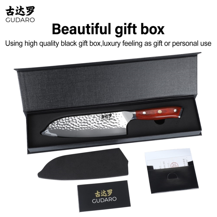 Gudaro - Damaskiteräinen Santoku-keittiöveitsi MIYABI 7, 67-kerroksinen teräs, pituus 17,5 cm