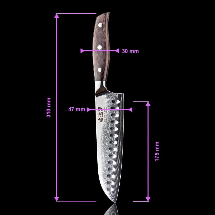 Gudaro - damaskinen Santoku-keittiöveitsi SHIRO 7, 67-kerroksinen damaskiteräs, terän pituus 17,5 cm