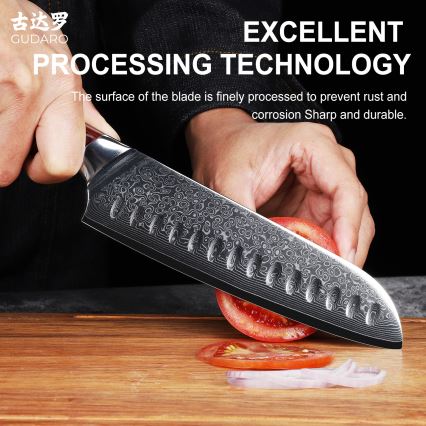 Gudaro - Damaskiteräsinen Santoku-keittiöveitsi KENSHO 7, 67 kerrosta terästä, terän pituus 17,5 cm