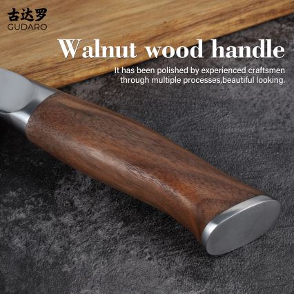 Gudaro - damaskusteräinen kokkiveitsi TAKUMI 8, 67 teräskerrosta, pituus 20 cm, pähkinäpuu