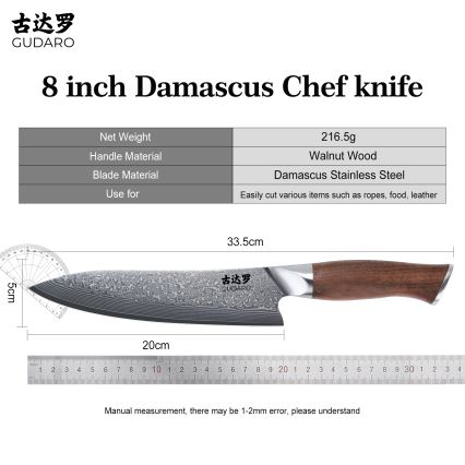 Gudaro - damaskusteräinen kokkiveitsi TAKUMI 8, 67 teräskerrosta, pituus 20 cm, pähkinäpuu