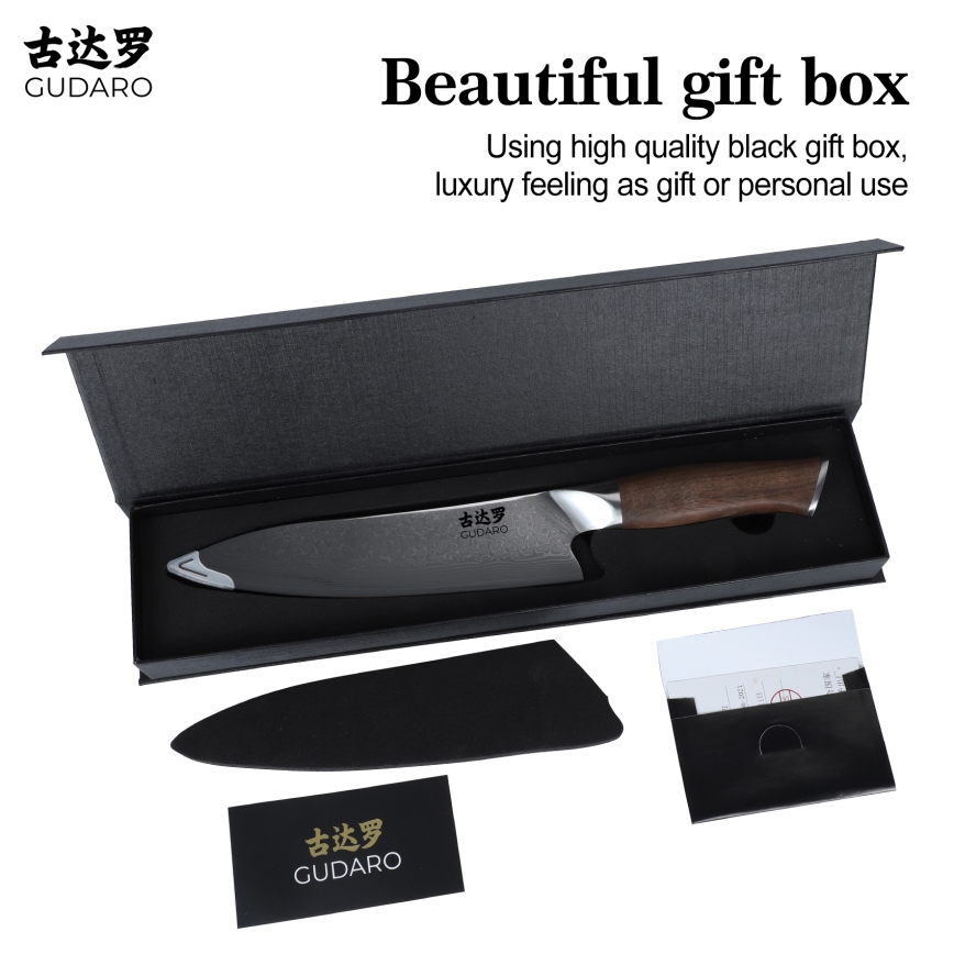 Gudaro - damaskusteräinen kokkiveitsi TAKUMI 8, 67 teräskerrosta, pituus 20 cm, pähkinäpuu