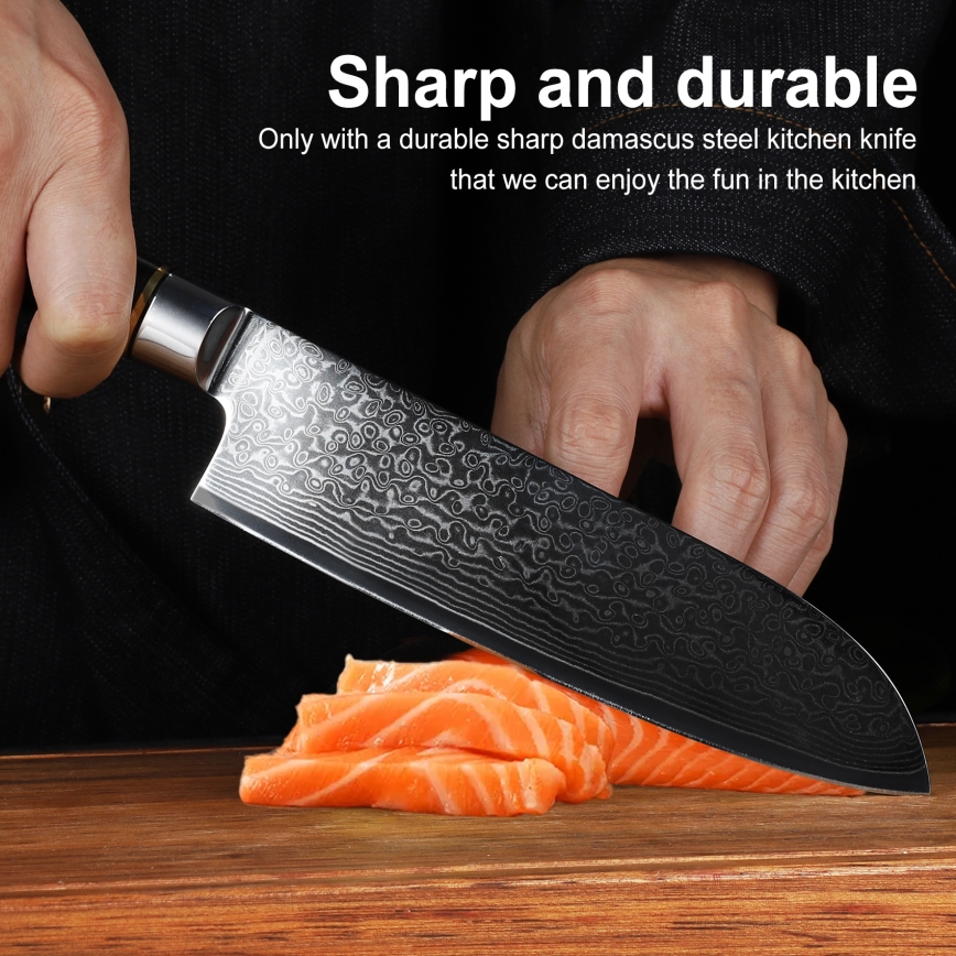 Gudaro - AKIRO damaskinen Santoku-keittiöveitsi 7, 67-kerroksinen damaskiteräs, terän pituus 17,5 cm, musta