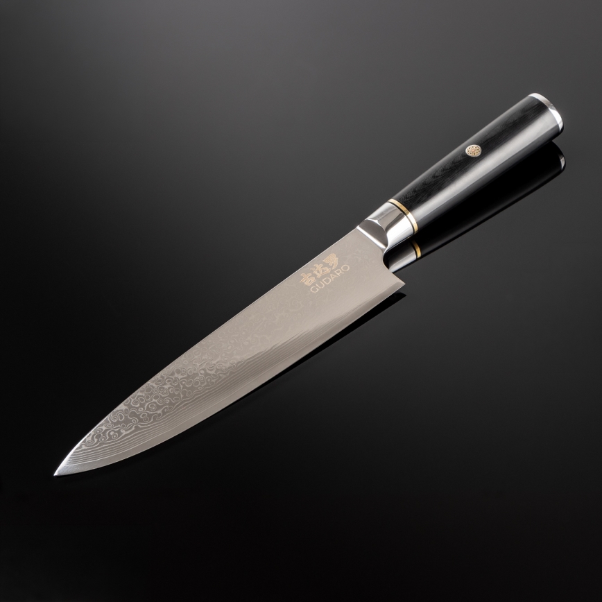 Gudaro - Damaskiteräksinen kokkiveitsi AKIRO 8, 67 kerrosta terästä, pituus 20 cm, musta