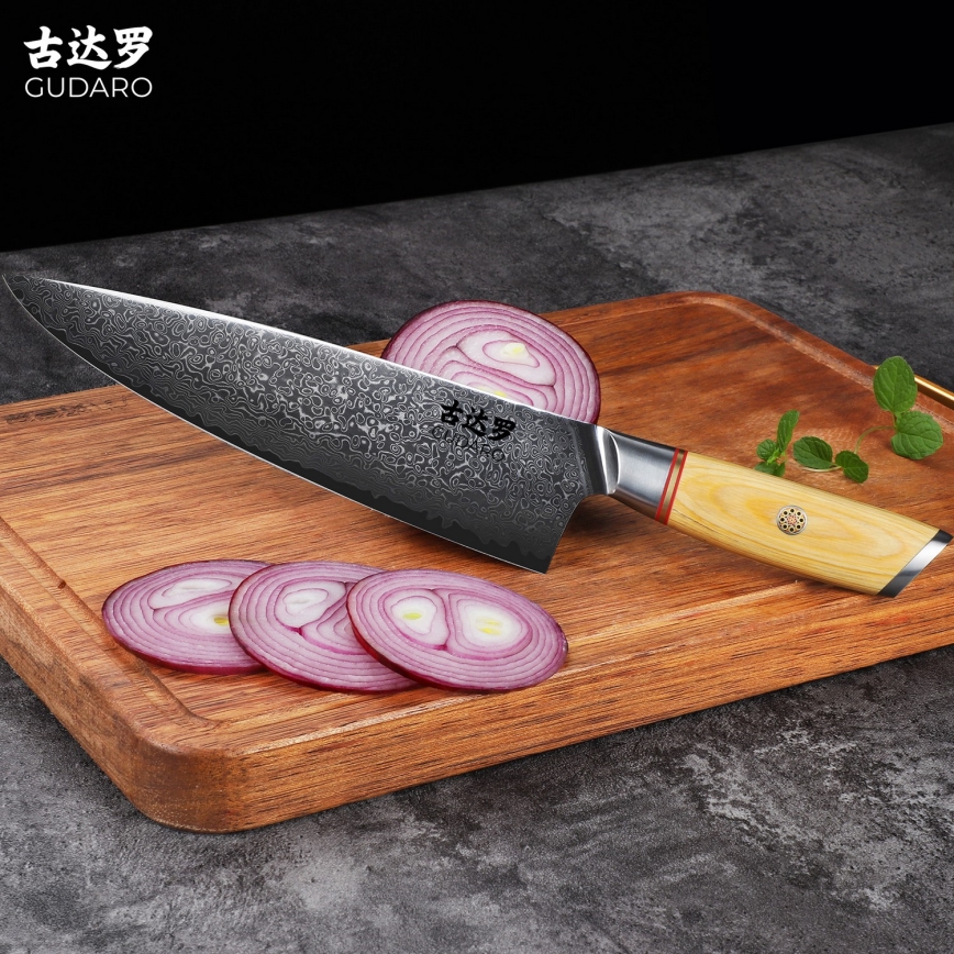 Gudaro - HIKARI 8, damaskusteräinen kokkiveitsi, 67-kerroksinen teräs, pituus 20 cm