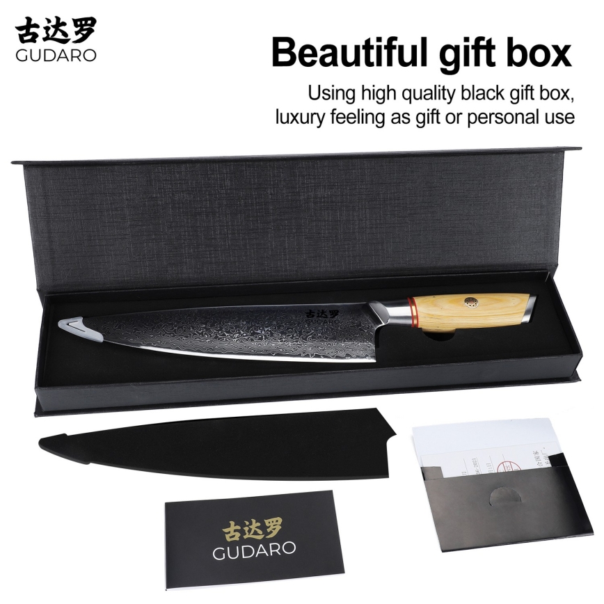 Gudaro - HIKARI 8, damaskusteräinen kokkiveitsi, 67-kerroksinen teräs, pituus 20 cm