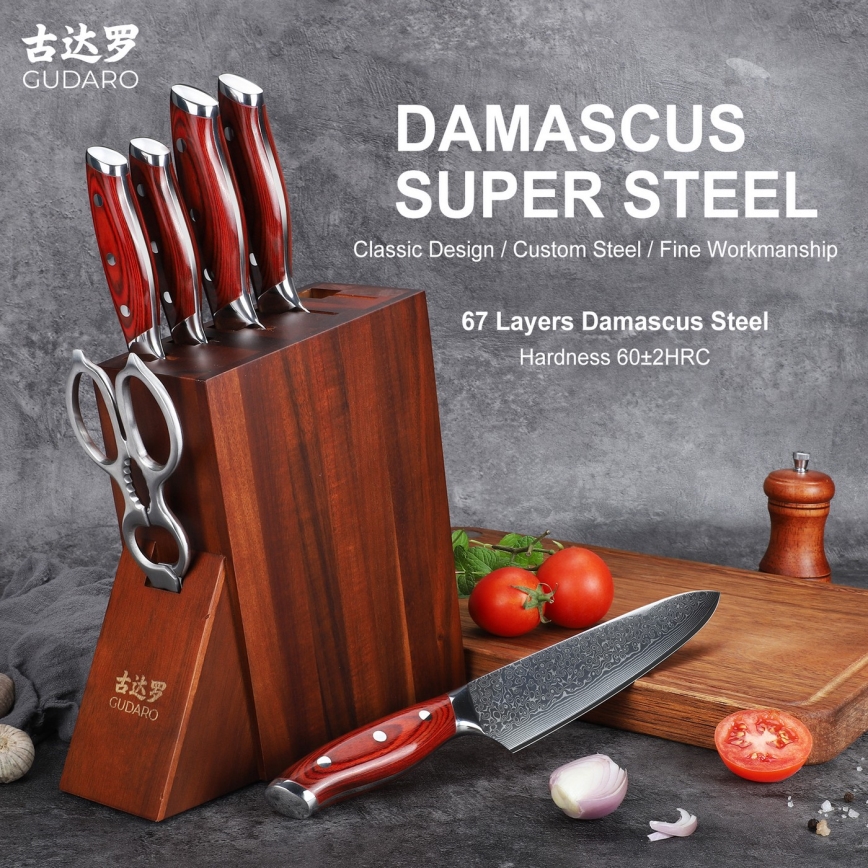 Gudaro - KENSHO 7-osainen keittiöveitsisarja akaasiapuuisessa telineessä