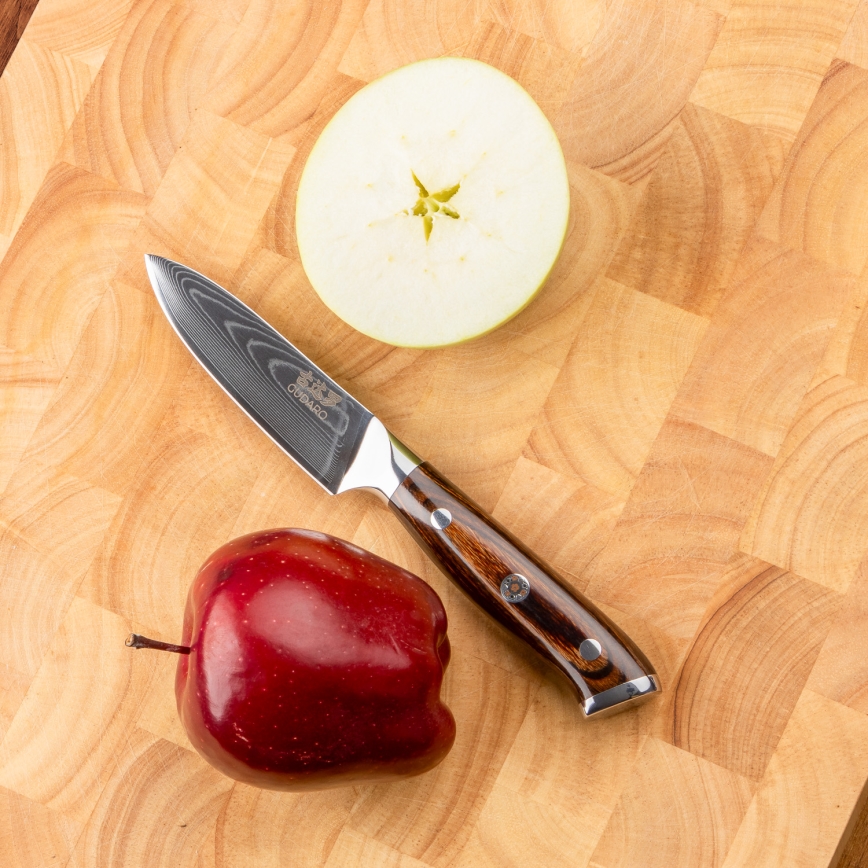 Gudaro - SETTI 1x damaskiteräinen kokkiveitsi FENG 8, 67 kerrosta terästä, pituus 20 cm + 1x damaskiteräinen Santoku-veitsi FENG 7,5, 67 kerrosta terästä, pituus 18 cm + 1x ILMAINEN damaskiteräinen keittiöveitsi FENG 3,5, 67 kerrosta terästä, pitu