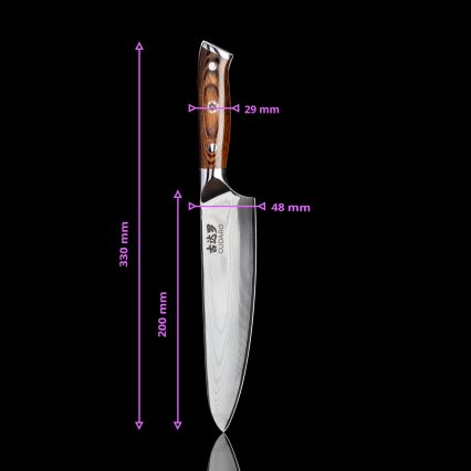 Gudaro - SETTI 1x damaskiteräinen kokkiveitsi FENG 8, 67 kerrosta terästä, pituus 20 cm + 1x damaskiteräinen Santoku-veitsi FENG 7,5, 67 kerrosta terästä, pituus 18 cm + 1x ILMAINEN damaskiteräinen keittiöveitsi FENG 3,5, 67 kerrosta terästä, pitu