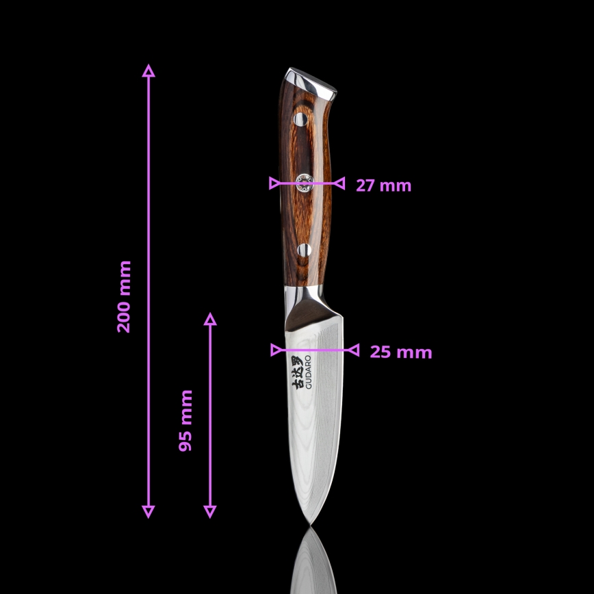 Gudaro - SETTI 1x damaskiteräinen kokkiveitsi FENG 8, 67 kerrosta terästä, pituus 20 cm + 1x damaskiteräinen Santoku-veitsi FENG 7,5, 67 kerrosta terästä, pituus 18 cm + 1x ILMAINEN damaskiteräinen keittiöveitsi FENG 3,5, 67 kerrosta terästä, pitu