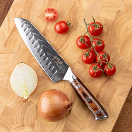 Gudaro - SETTI 2x damaskiteräksinen Santoku-keittiöveitsi FENG 7,5, 67 kerrosta terästä, pituus 18 cm + 1x ILMAINEN damaskiteräksinen hedelmäveitsi FENG 3,5, 67 kerrosta terästä, pituus 9,5 cm