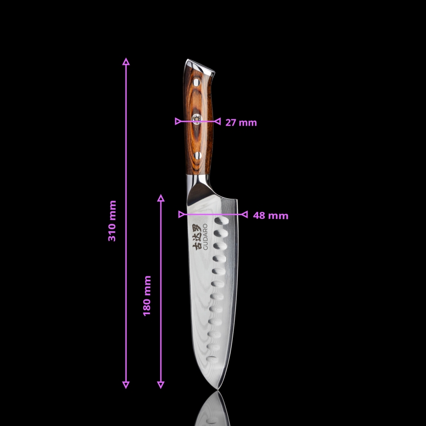 Gudaro - SETTI 2x damaskiteräksinen Santoku-keittiöveitsi FENG 7,5, 67 kerrosta terästä, pituus 18 cm + 1x ILMAINEN damaskiteräksinen hedelmäveitsi FENG 3,5, 67 kerrosta terästä, pituus 9,5 cm