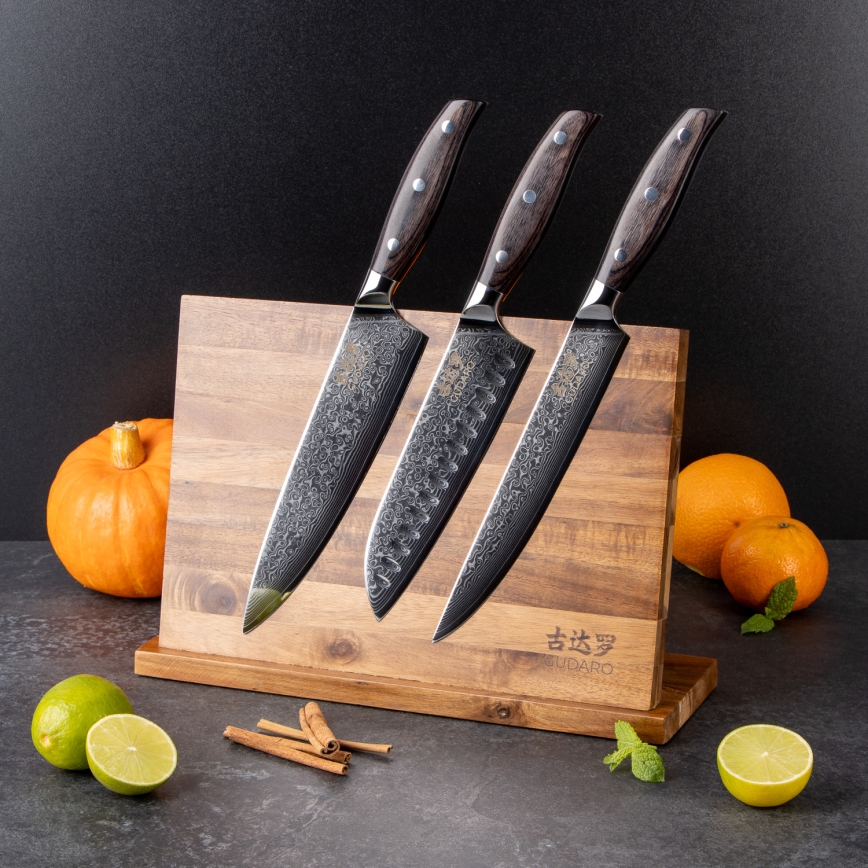 Gudaro - SETTI 5x damaskiteräksinen keittiöveitsi SHIRO + magneettiteline