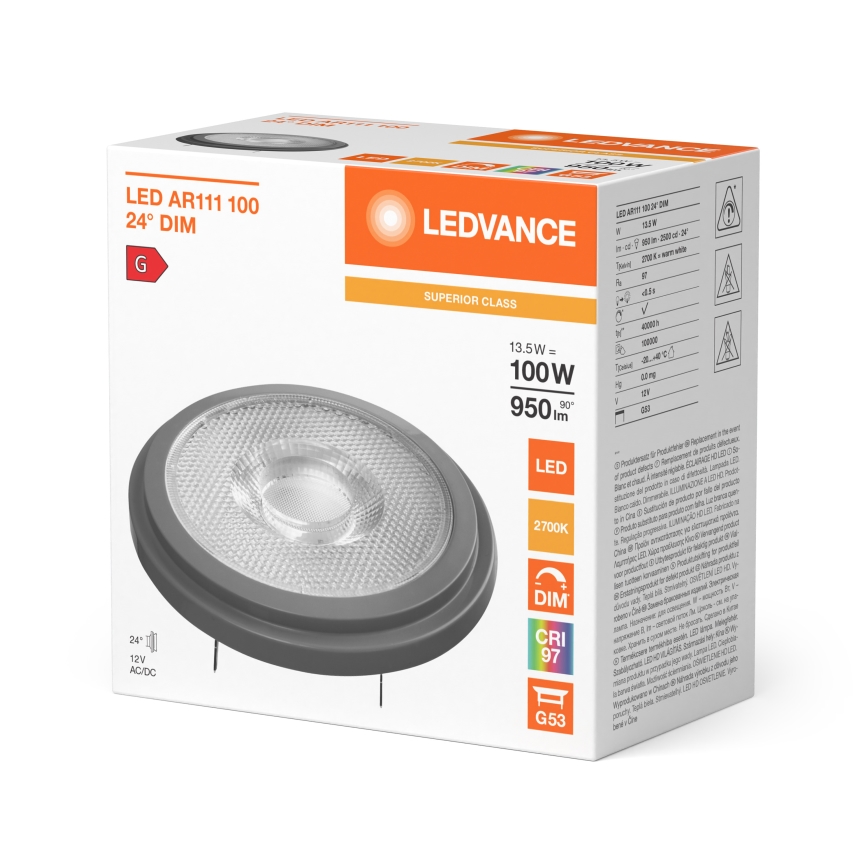 Himennettävä LED-lamppu AR111 G53/13,5W/12V 2700K 24° CRI 97 - Ledvance