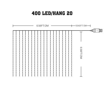 Himennettävä RGB-LED-valoverho WIZARD 400xLED/USB 2x2m + kaukosäädin