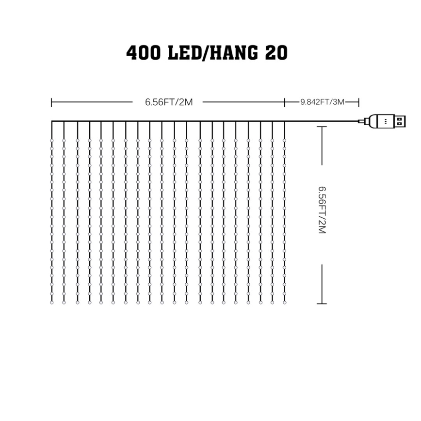 Himennettävä RGB-LED-valoverho WIZARD 400xLED/USB 2x2m + kaukosäädin
