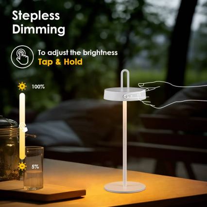 LED-himmennettävä ulkokäyttöön tarkoitettu ladattava kosketusohjattu pöytälamppu SHINE LED/1,5W/3,7V 3000 mAh IP44 valkoinen