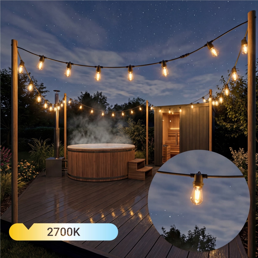 LED himmennettävä aurinkokäyttöinen koristevalosarja 20xE27/0,3W/3/5V USB 2400 mAh 20,62 m IP65 musta + kaukosäädin