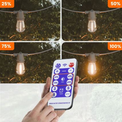 LED himmennettävä aurinkokäyttöinen koristevalosarja 20xE27/0,3W/3/5V USB 2400 mAh 20,62 m IP65 musta + kaukosäädin