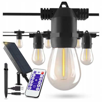LED himmennettävä aurinkokäyttöinen koristevalosarja 20xE27/0,3W/3/5V USB 2400 mAh 20,62 m IP65 musta + kaukosäädin