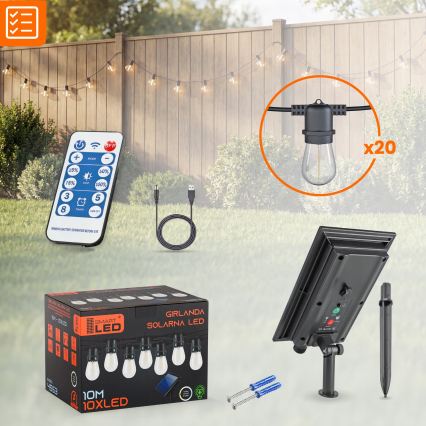 LED himmennettävä aurinkokäyttöinen koristevalosarja 20xE27/0,3W/3/5V USB 2400 mAh 20,62 m IP65 musta + kaukosäädin