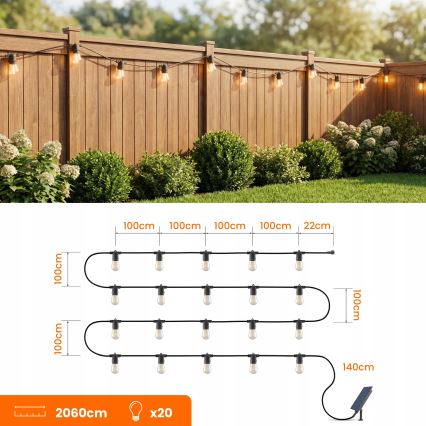 LED himmennettävä aurinkokäyttöinen koristevalosarja 20xE27/0,3W/3/5V USB 2400 mAh 20,62 m IP65 musta + kaukosäädin