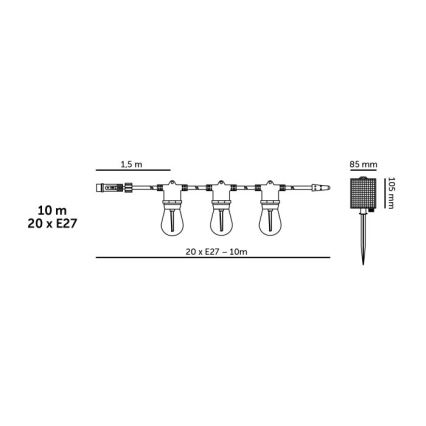 Himmennettävä LED-aurinkokäyttöinen koristevalosarja STARLIGHT NEO 20xE27/3,7V 2700K IP54 1200 mAh 11,5m + kaukosäädin