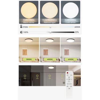 Himmennettävä LED-kattovalaisin LED/50W/230V 3000-6500K halkaisija 50 cm musta + kauko-ohjaus