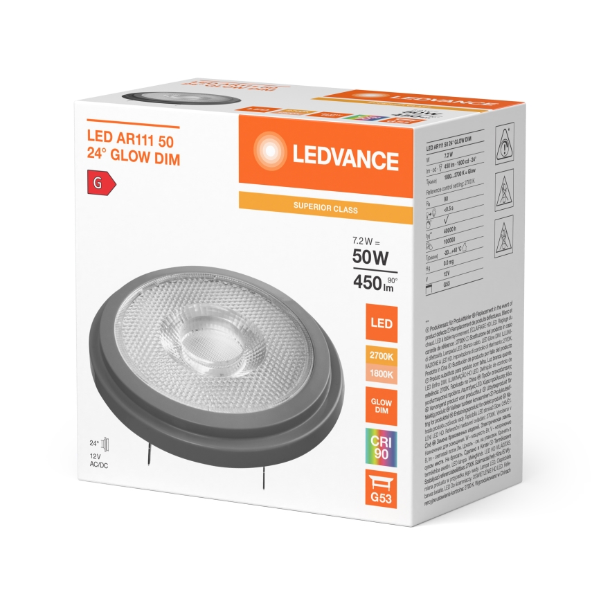 Himmennettävä LED-lamppu AR111 G53/7,2W/12V 1800-2700K 24° CRI 90 - Ledvance