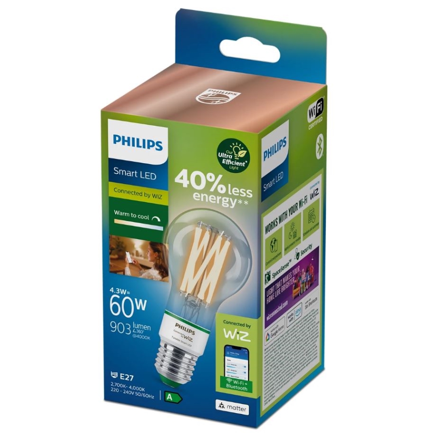 Himmennettävä LED-polttimo Philips A60 E27/4,3W/230V 2700-4000K CRI 90 Wi-Fi