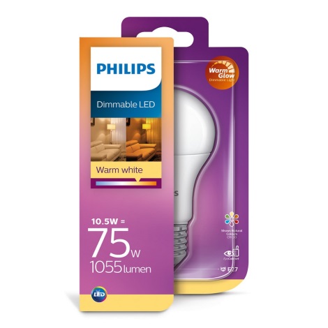 Himmennettävä LED-polttimo Philips A60 Warm Glow E27/10,5/230V 2200K-2700K