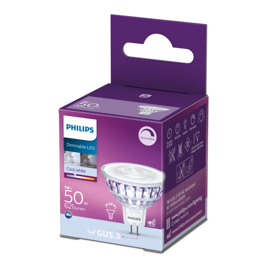 Himmennettävä LED-polttimo Philips GU5,3/7W/12V 4000K