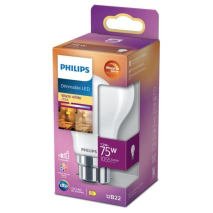 Himmennettävä LED-polttimo Philips Warm Glow A60 B22/7,2W/230V 2200-2700K CRI 90