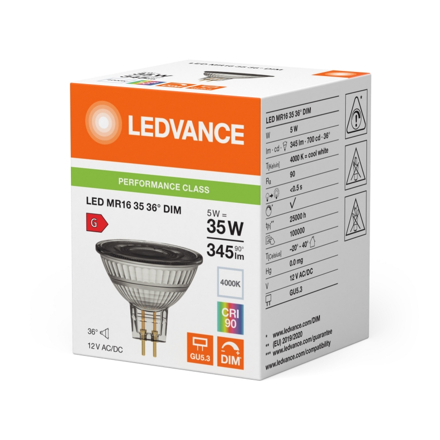Himmennettävä LED-reflektorilamppu MR16 GU5,3/5W/12V 4000K 36° CRI 90 - Ledvance
