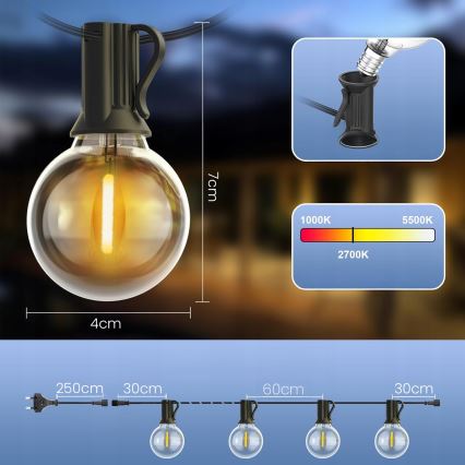 LED-himmennettävä ulkokoristevaloketju 25xE12/1W/24/230V 17,5 m IP65 musta + kaukosäädin