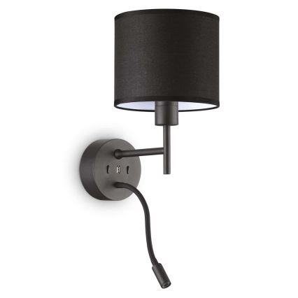 Ideal Lux - LED Joustava lamppu telineen kanssa SETTI UP 1xE27/42W + LED/3W/230V CRI 90 USB musta