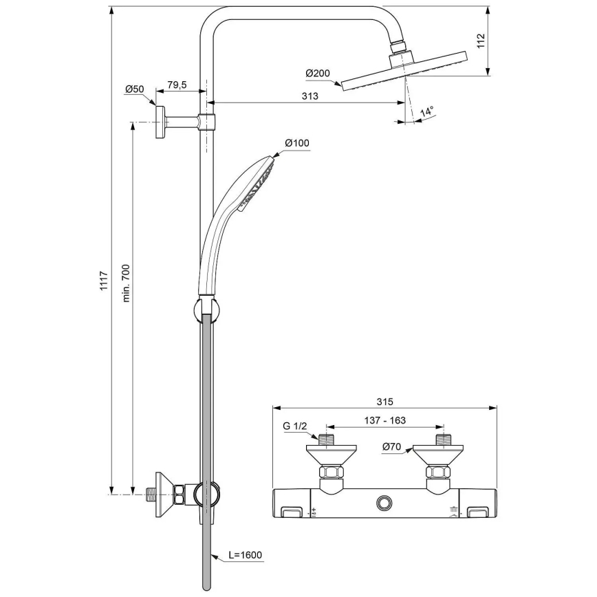 Ideal Standard A7208AA - Termostaattinen suihkusarja CERATHERM T25, kiiltävä kromi