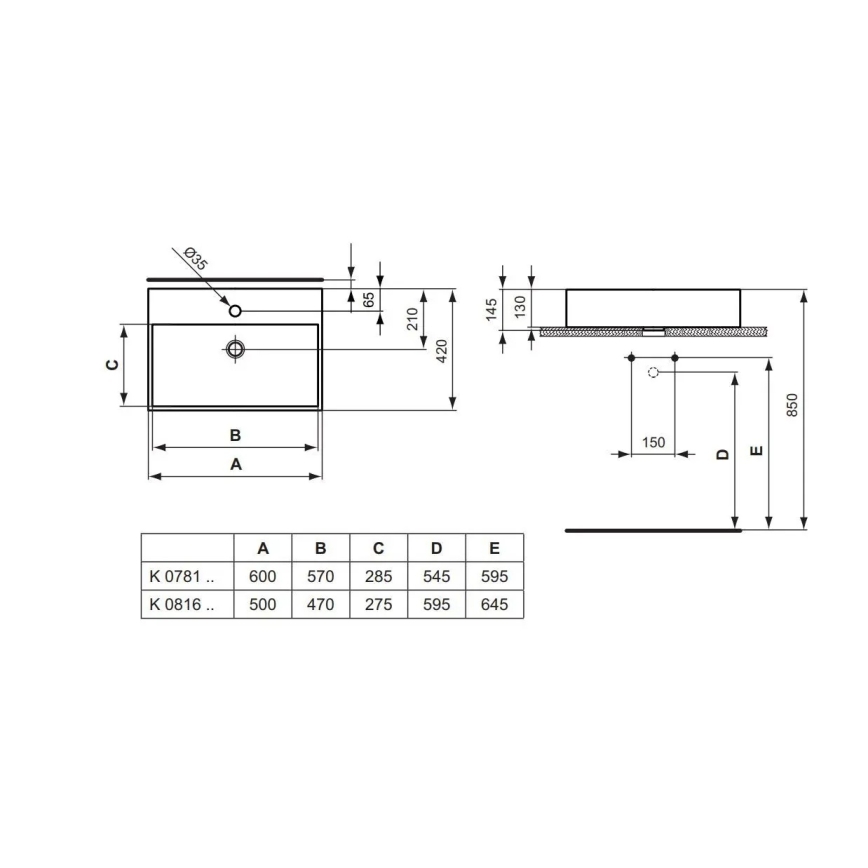 Ideal Standard K081601 - Tasolle asennettava pesuallas STRADA 60x42 cm keramiikka/valkoinen