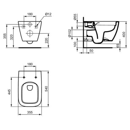 Ideal Standard T461401 - Seinään asennettava reunaton WC-istuin I.LIFE B keramiikka/valkoinen
