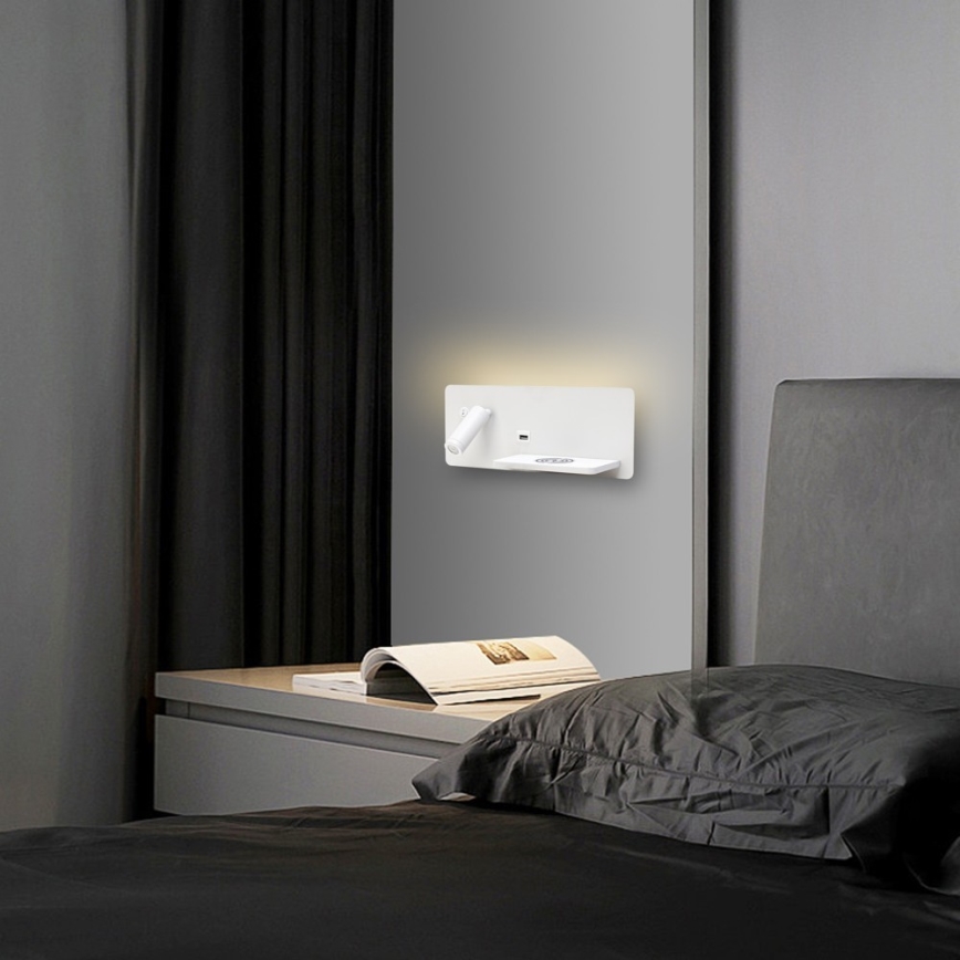 Immax 08285L - LED-seinävalaisin hyllyllä, USB-portilla ja langattomalla latauksella Be PREPARE LED/3W/230V + LED/3W valkoinen