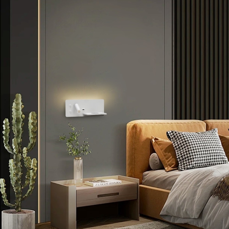 Immax 08285L - LED-seinävalaisin hyllyllä, USB-portilla ja langattomalla latauksella Be PREPARE LED/3W/230V + LED/3W valkoinen