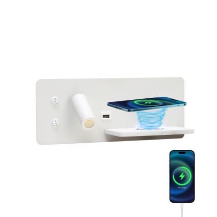 Immax 08285L - LED-seinävalaisin hyllyllä, USB-portilla ja langattomalla latauksella Be PREPARE LED/3W/230V + LED/3W valkoinen