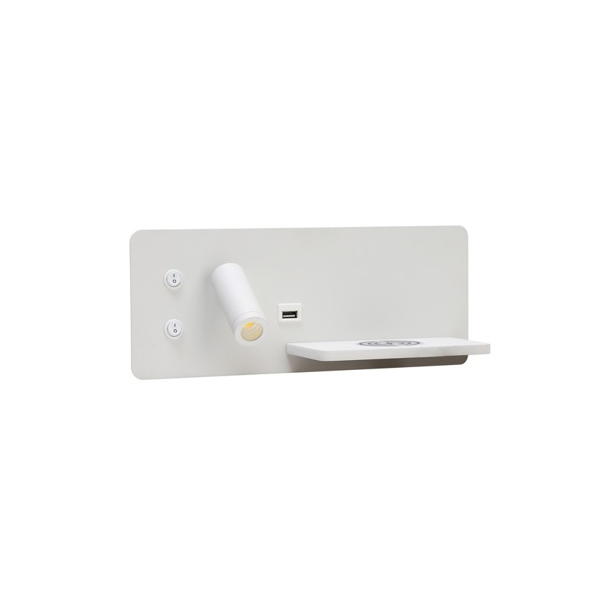Immax 08285L - LED-seinävalaisin hyllyllä, USB-portilla ja langattomalla latauksella Be PREPARE LED/3W/230V + LED/3W valkoinen