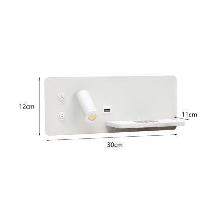 Immax 08285L - LED-seinävalaisin hyllyllä, USB-portilla ja langattomalla latauksella Be PREPARE LED/3W/230V + LED/3W valkoinen