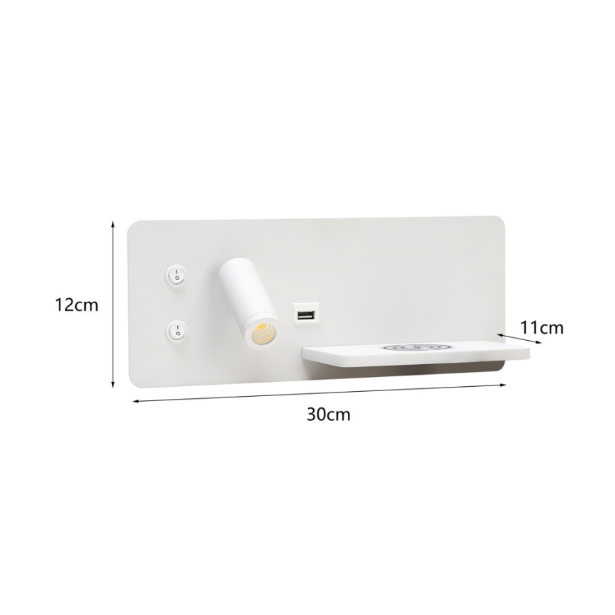 Immax 08285L - LED-seinävalaisin hyllyllä, USB-portilla ja langattomalla latauksella Be PREPARE LED/3W/230V + LED/3W valkoinen