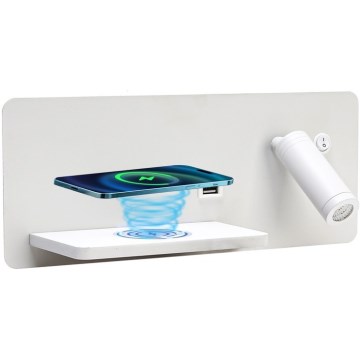 Immax 08286L - LED-seinävalaisin hyllyllä, USB-portilla ja langattomalla latauksella Be PREPARE LED/3W/230V + LED/3W valkoinen