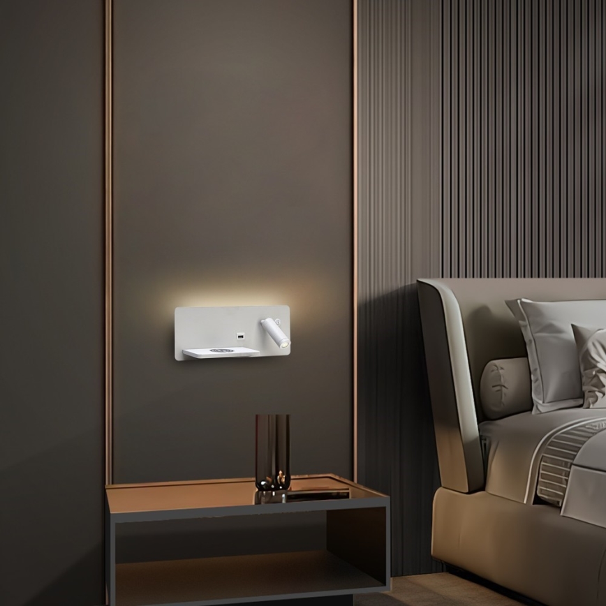 Immax 08286L - LED-seinävalaisin hyllyllä, USB-portilla ja langattomalla latauksella Be PREPARE LED/3W/230V + LED/3W valkoinen