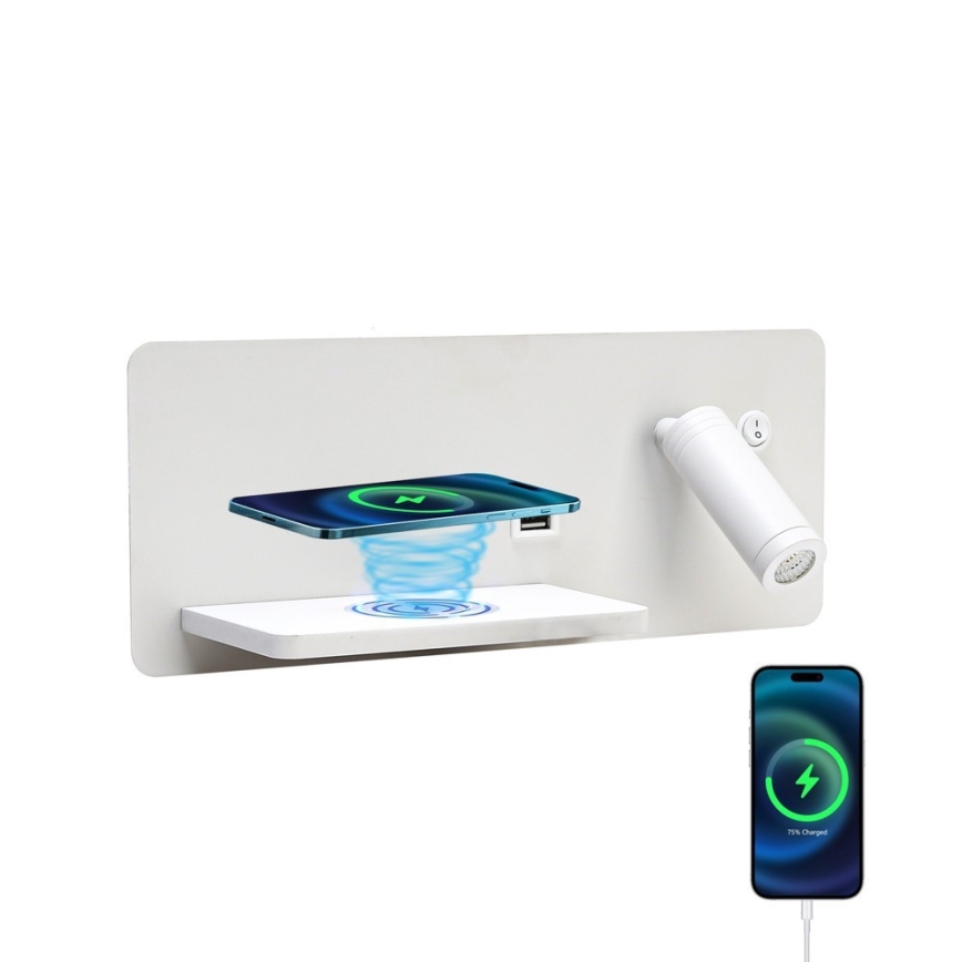 Immax 08286L - LED-seinävalaisin hyllyllä, USB-portilla ja langattomalla latauksella Be PREPARE LED/3W/230V + LED/3W valkoinen