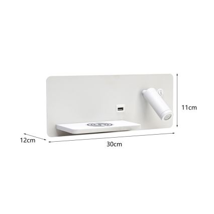 Immax 08286L - LED-seinävalaisin hyllyllä, USB-portilla ja langattomalla latauksella Be PREPARE LED/3W/230V + LED/3W valkoinen